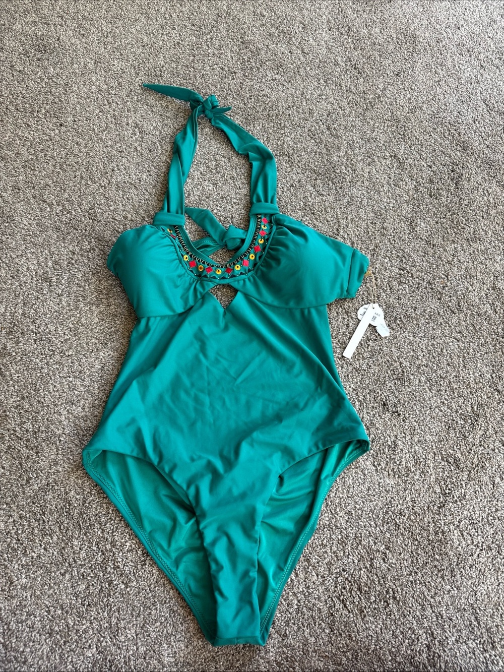 Amiani Women’s XL Nwt Retail $119 Teal Swimsuit Halter Cutouts Embroidery Beads
